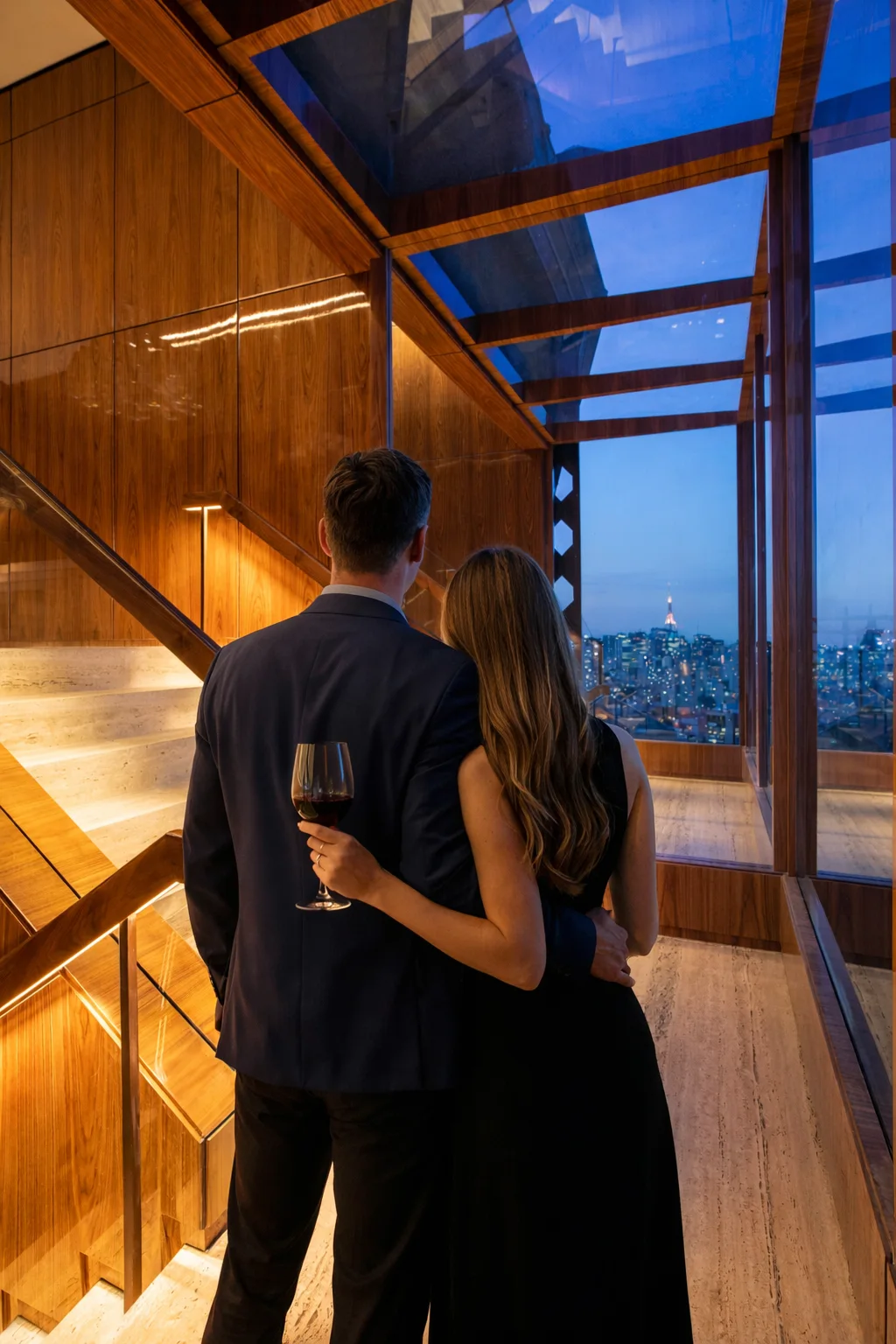 Casal apreciando a vista de São Paulo com taça de vinho